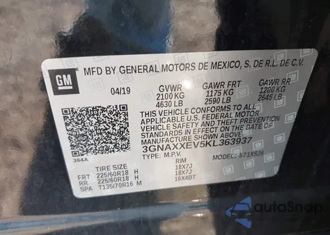 2019 Chevrolet Equinox Premier из США, поврежденный, VIN 3GNAXXEV5KL363937